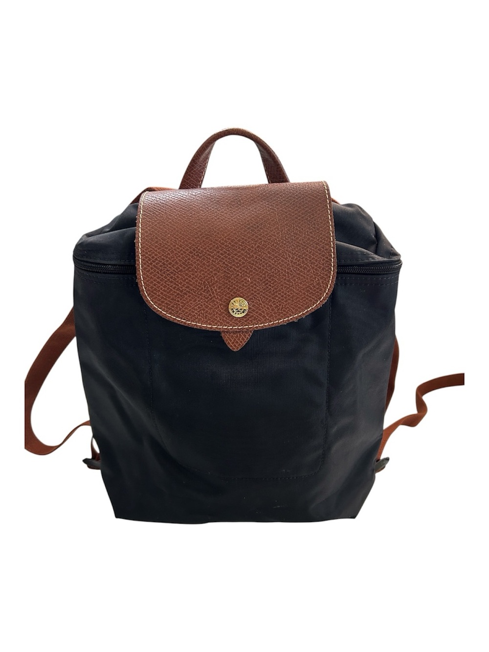 Longchamp Le Pliage Black Nylon & Brown Leather Backpack Sac À Dos